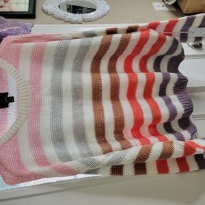 Pink and Gray Crew Neck Striped Sweater